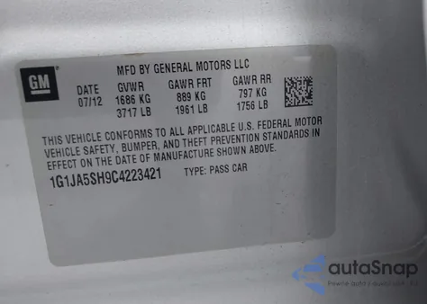 2012 Chevrolet Sonic 2Ls z USA, uszkodzony, nr VIN 1G1JA5SH9C4223421